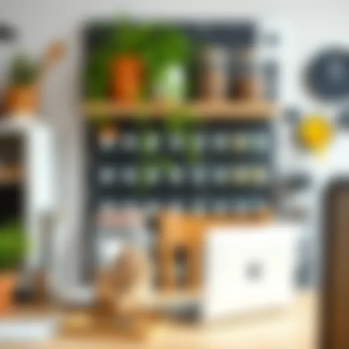 Creative Workspace Arrangement with Pegboard Storage Jars Creative arrangement of pegboard storage jars in a workspace for efficient organization