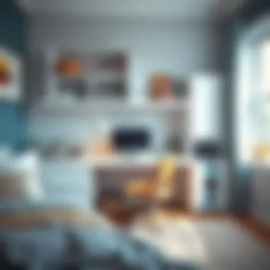 Stylish dorm room desk setup with a hutch