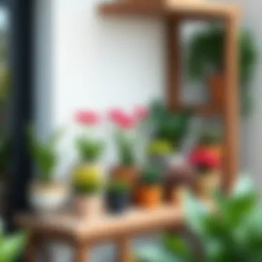 Elegant Wooden Outdoor Shelf Elegant wooden outdoor shelf showcasing vibrant potted plants