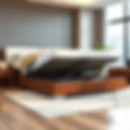 Elegant queen bed with lift storage showcasing modern design