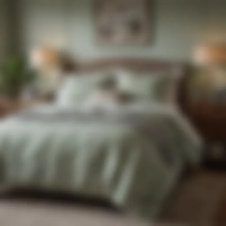 A cozy bedroom scene with decorative pillows complementing a sage green plaid comforter.