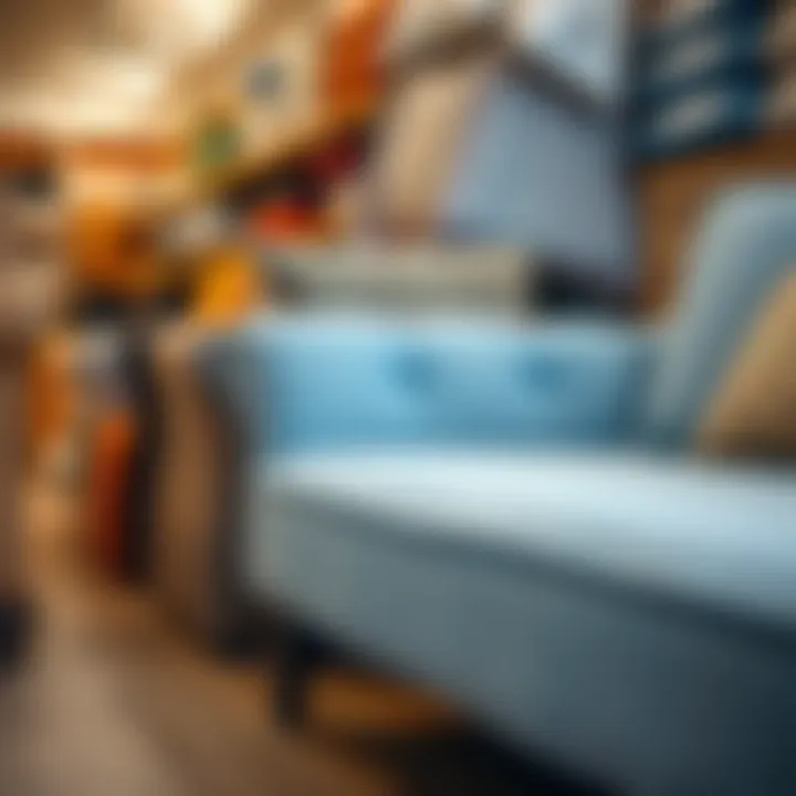 Variety of fabrics for sofa covers in a store