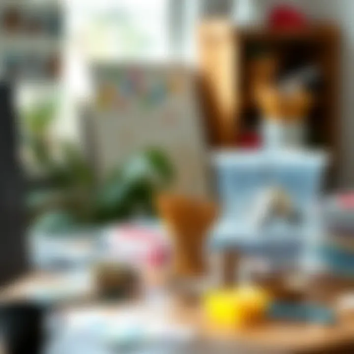 A creative workspace featuring tall clear plastic containers as art supply organizers, demonstrating their use in enhancing organization.