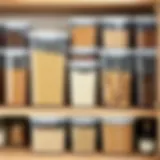 A well-organized kitchen shelf featuring tall clear plastic containers filled with various dry goods, showcasing their functionality and design.