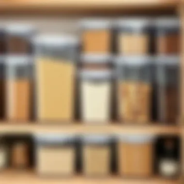 A well-organized kitchen shelf featuring tall clear plastic containers filled with various dry goods, showcasing their functionality and design.