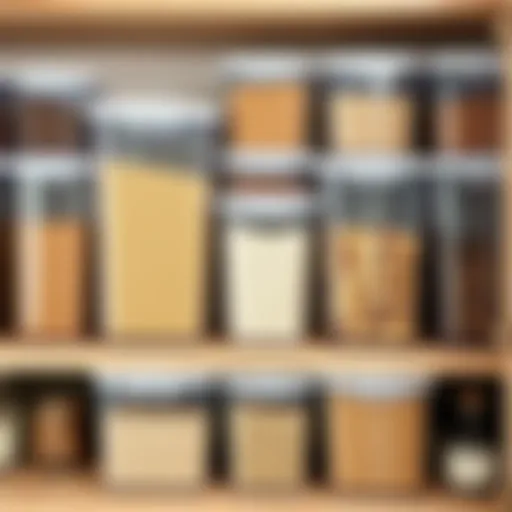 A well-organized kitchen shelf featuring tall clear plastic containers filled with various dry goods, showcasing their functionality and design.