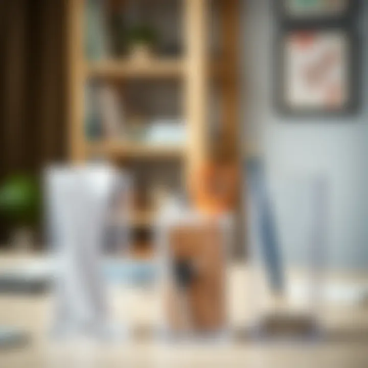 A stylish office desk with tall clear plastic containers used as organizers for stationery, highlighting their versatility in a professional setting.