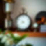 Elegant antique large tabletop clock on a wooden shelf