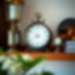 Elegant antique large tabletop clock on a wooden shelf