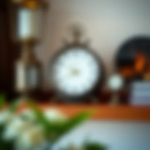 Elegant antique large tabletop clock on a wooden shelf