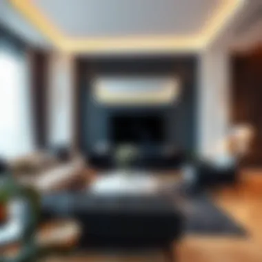 Elegant black long dresser in a modern living room