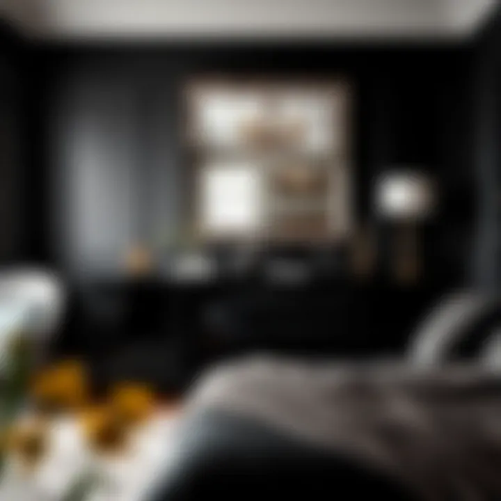 Stylish black dresser with a chic mirror in a bedroom