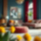 A beautifully designed decorative pouf in a vibrant living room setting