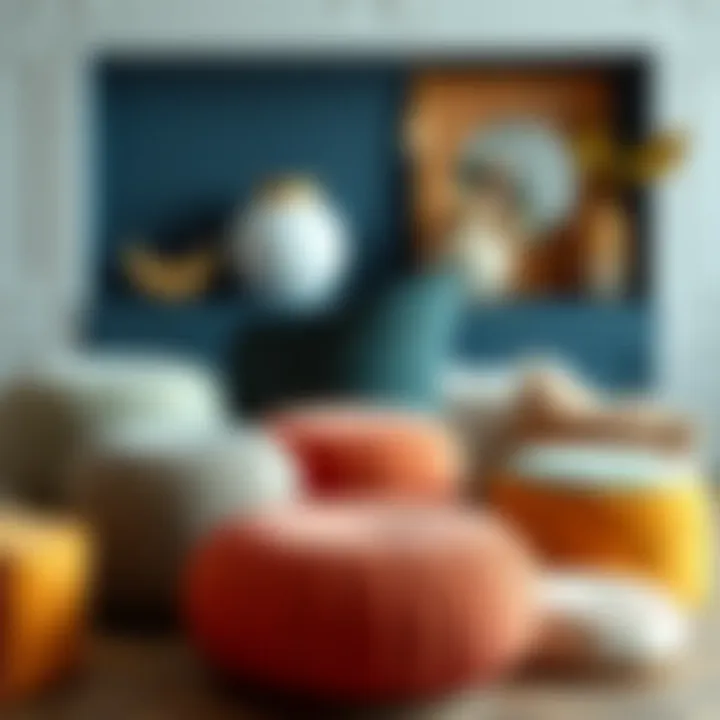 Elegant Arrangement of Decorative Poufs An elegant arrangement showcasing poufs in different shapes and sizes