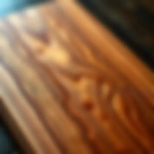 Close-up view of a beautifully crafted hardwood cutting board with intricate grain patterns