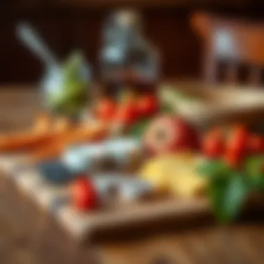 Artistic arrangement of ingredients on a hardwood cutting board, emphasizing its role in culinary artistry