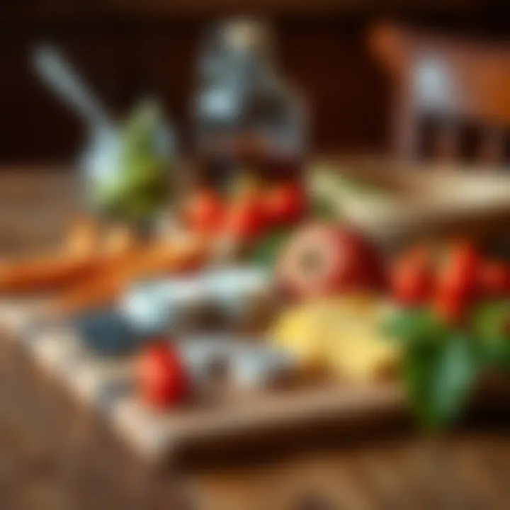 Artistic arrangement of ingredients on a hardwood cutting board, emphasizing its role in culinary artistry