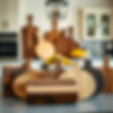 A selection of various hardwood cutting boards displayed in an elegant kitchen setting