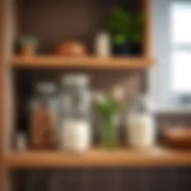 Styled Kitchen Shelf with Large Mason Jars A beautifully styled kitchen shelf featuring large mason jars as decorative elements.
