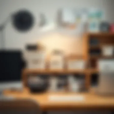 A modern workspace featuring compartmentalized storage bins for organization.