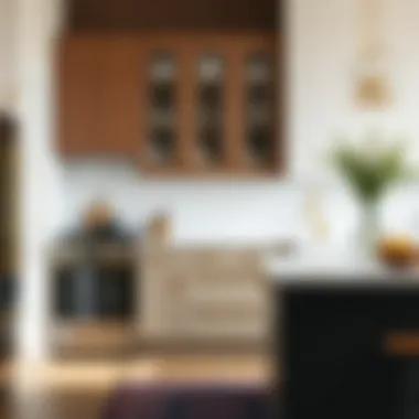 A trendsetting kitchen layout that highlights gold accents in cabinetry