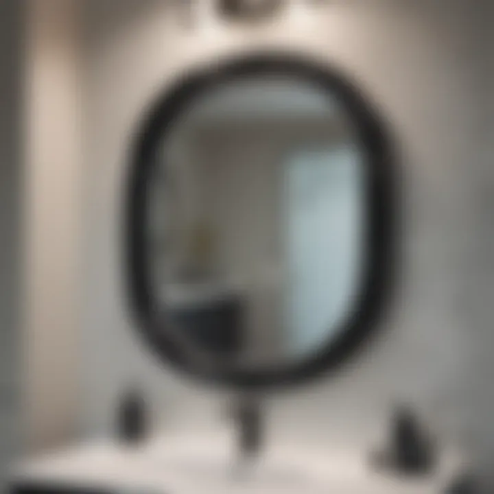 Close-up of a black mirror reflecting intricate bathroom decor