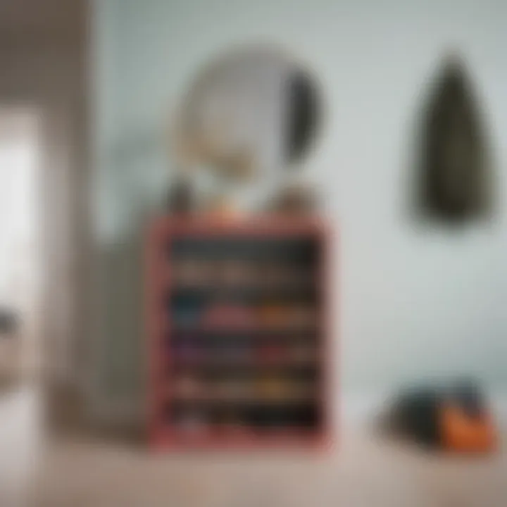 Colorful shoe storage solution in a vibrant entryway