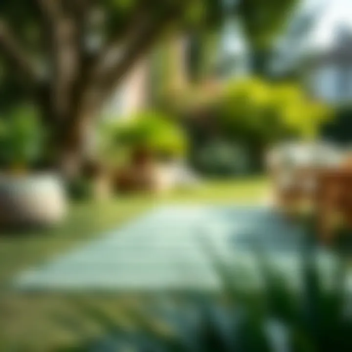 Green Stripe Rug in a Beautiful Garden Green stripe outdoor rug placed in a garden setting