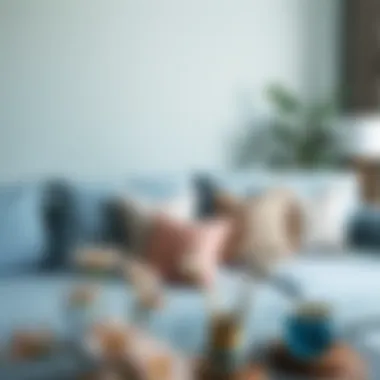 Aesthetic arrangement of light blue sofa with decorative pillows