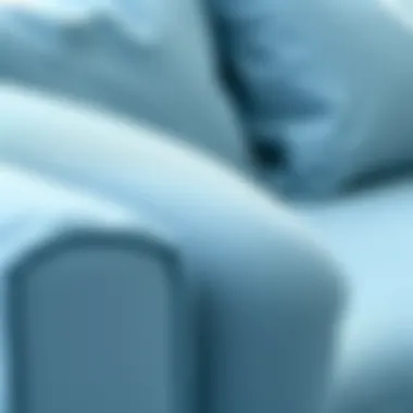 Close-up of light blue fabric texture on a modern sofa