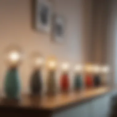 An array of stylish rechargeable lamps arranged on a shelf