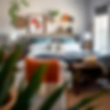 Stylishly decorated bedroom featuring mid-century throw blankets as accent pieces.