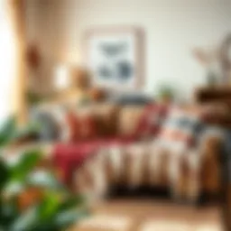 A cozy living room featuring mid-century throw blankets draped over a stylish sofa.