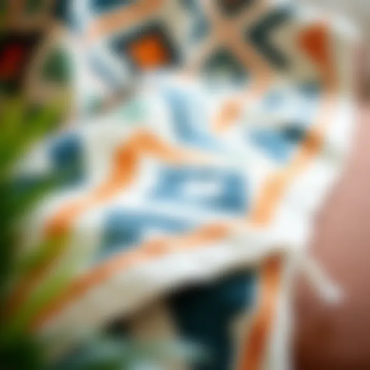 A close-up of a mid-century throw blanket with a unique geometric pattern.