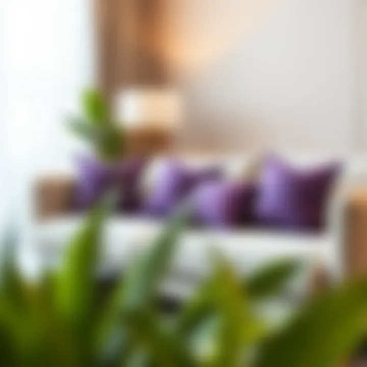 Elegant small purple throw pillows arranged on a modern sofa