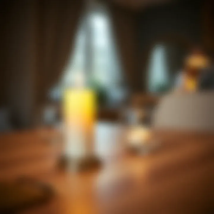 Close-up of a timer LED candle illuminating a stylish dining table
