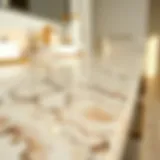 Close-up view of a quartz bathroom countertop showcasing intricate patterns and colors