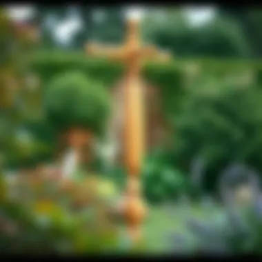 Elegant wooden clothes pole in a serene garden setting