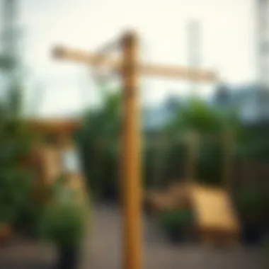 A wooden clothes pole in a sustainable outdoor environment