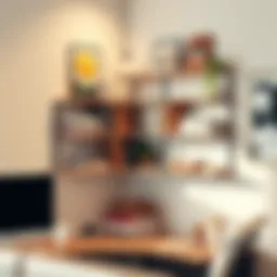Stylish cubicle corner shelves displaying books and decor